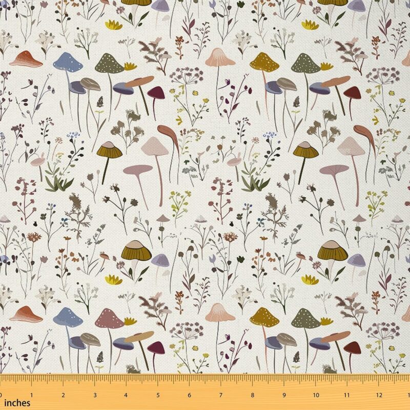 Erosebridal Mushrooms Upholstery Fabric,Watercolor Fungus Fabric by The Yard,Groovy Garden Flower Decorative Fabric,Colorful Wildlife DIY Indoor Outdoor Fabric,White,5 Yards