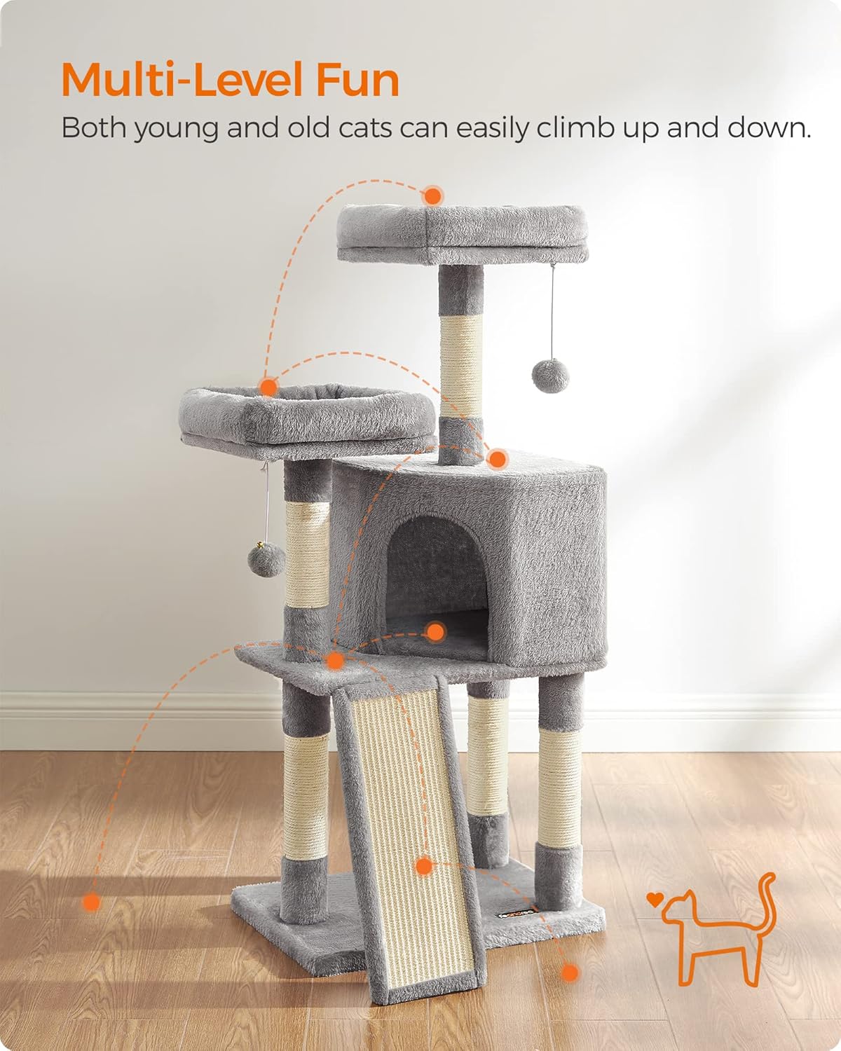 81Ad0JHPrpL._AC_SL1500_.jpg Feandrea Cat Tower, Cat Tree for Indoor Cats, 45.3-Inch Cat Condo with Scratching Post, Ramp, Perch, Spacious Cat Cave, for Kittens, Elderly Cats, Adult Cats, Small Space, Light Gray UPCT141W01 - Image 2