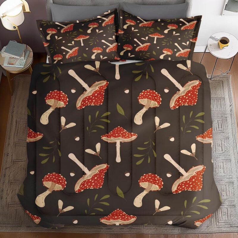 Comforter Set Full Size, Mushroom Floral Tree Plant, Bedroom Decor Flower Spring Leaf Summer for Kids and Adults Soft Cozy Bed Bedding Set