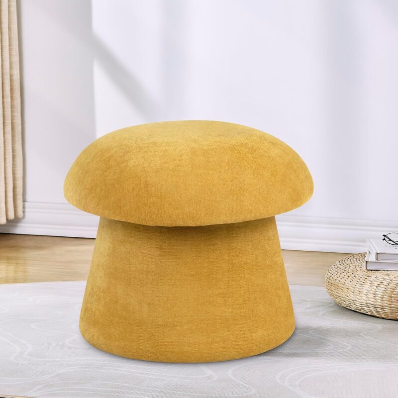 Crestview Collection Foot Stool Ottoman with Storage, Mushroom Ottoman Vanity Stool, Chenille Fabric Round Foot Rest, Extra Seating for Living Room, Bedroom, Entryway, Spice Yellow,15 inches