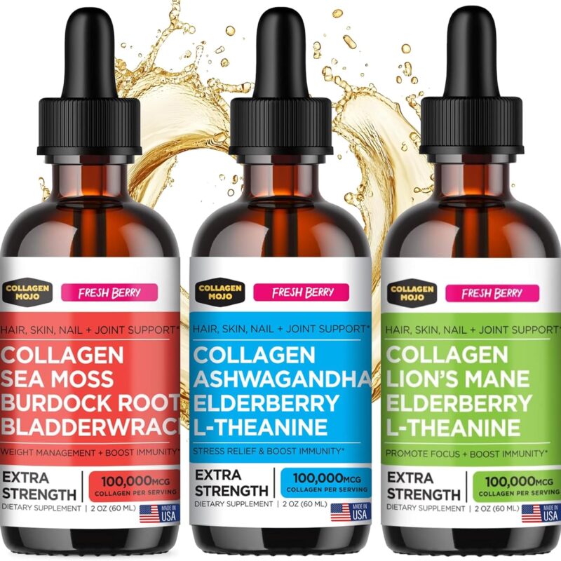 Collagen Mojo Liquid Collagen Peptides with Sea Moss, Burdock Root & Bladderwrack + Ashwagandha, Elderberry & L-Theanine + Lions Mane Mushroom, Elderberry & L-Theanine