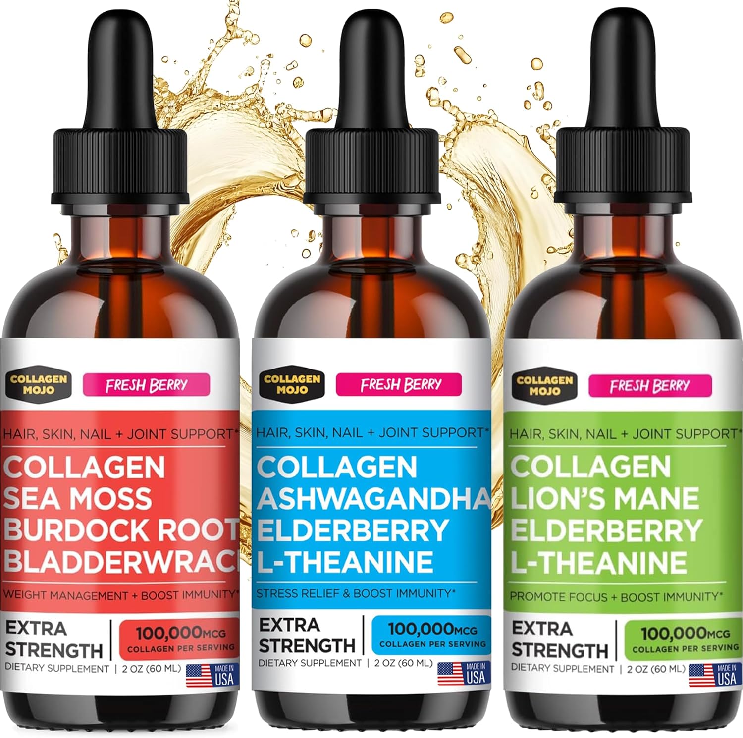 81BpxlSlqBL._AC_SL1500_.jpg Collagen Mojo Liquid Collagen Peptides with Sea Moss, Burdock Root & Bladderwrack + Ashwagandha, Elderberry & L-Theanine + Lions Mane Mushroom, Elderberry & L-Theanine