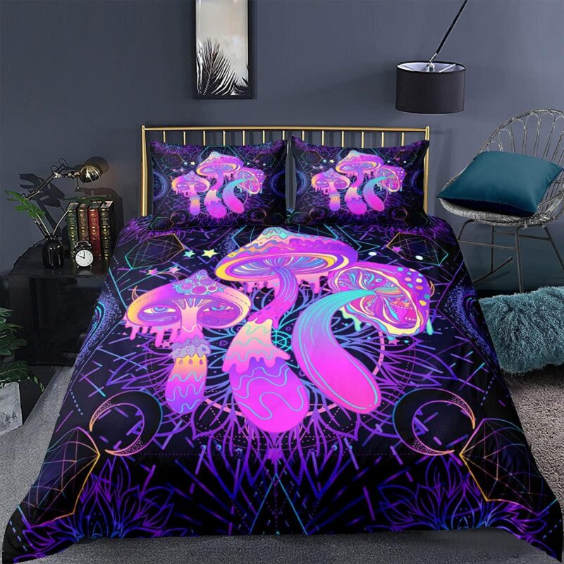 SWAYS Trippy Mushroom Bedding Set Magic Mushroom Duvet Cover Home Bedding Enchanted Forest Fairy Tale Magic Big Tree Mushroom Decoration Soft Microfiber Pueple Bedding Set 3 Pcs Set Queen