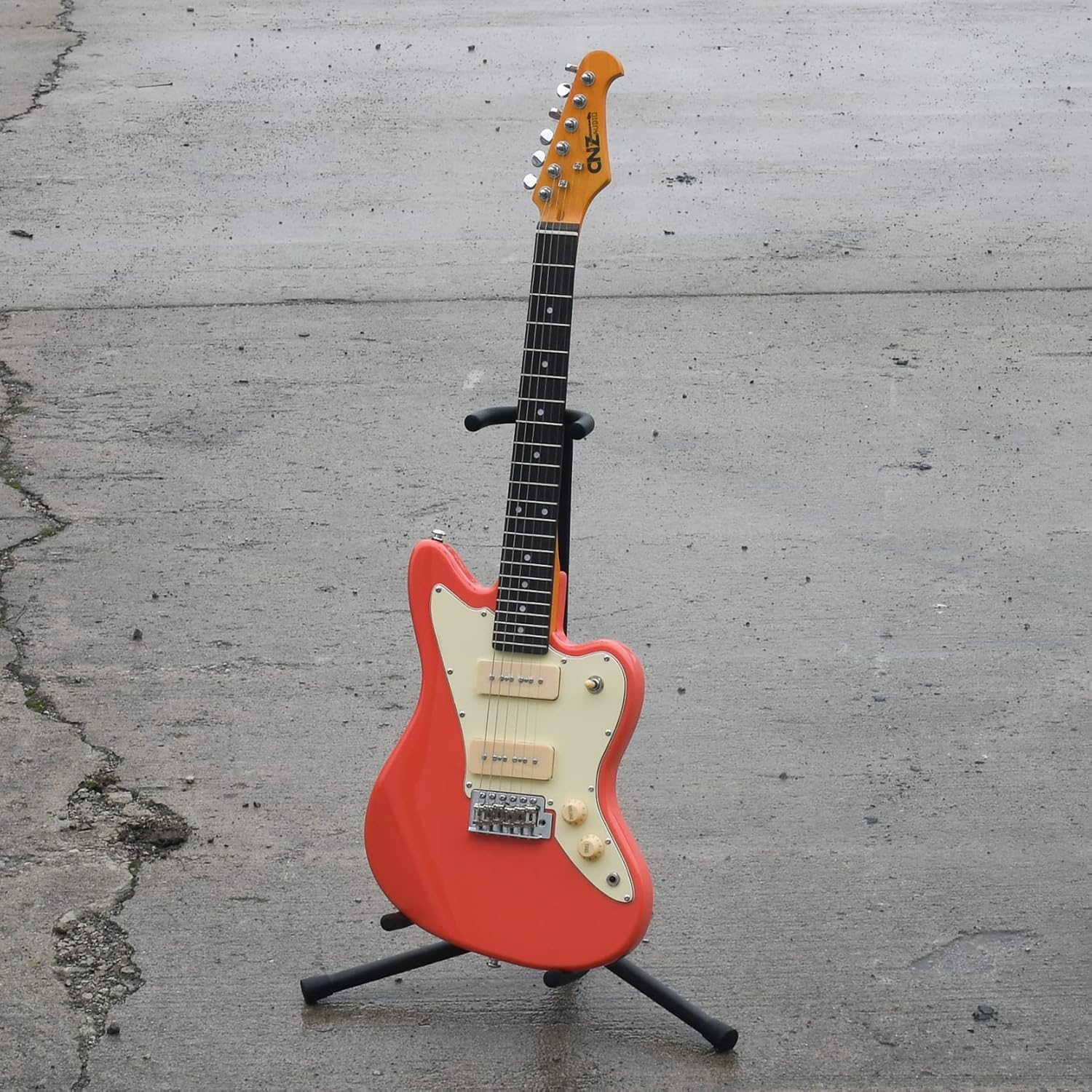 81C-zcaJTGL._AC_SL1500_.jpg JM Mini Electric Guitar - Coral, 3-Ply Ivory Pickguard, Maple Neck, 22 Inch Short Scale (3/4 Scale, 7/8 Length), Twin P-90 Pickups, Tremolo Bar, Pure Tone Awesomeness!