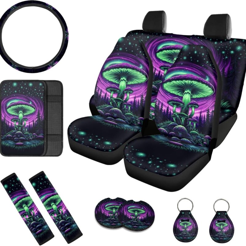 Car Seat Cover Sets Full Set of 12, Mushroom Print Automotive Vehicle Seat Cover Steering Wheel Cover Armrest Cover Seat Belt Shoulder Pads Cup Cushions and Keychain for Women Men