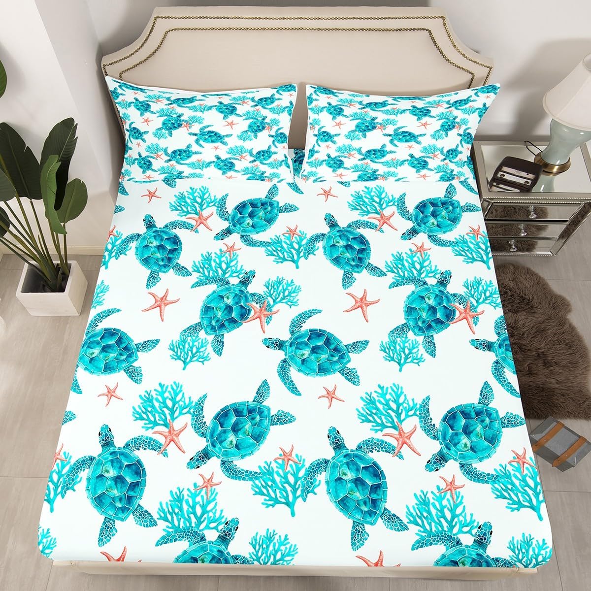 81D0uCs3oHL._AC_SL1200_.jpg Erosebridal Sea Turtle Bed Sheets King Size,Green Tortoise Coastal Bedding Set for Kids Boys Girls Bedroom,Ocean Animal Sheet Set Coral Starfish Sealife 1 Fitted Sheet 1 Flat Sheet 2 Pillow Cases - Image 2