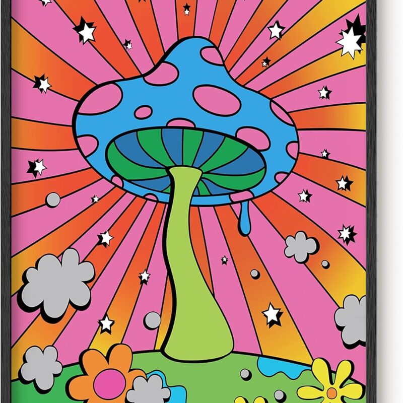 HAUS AND HUES Mushroom Poster Trippy Posters - Indie Room Aesthetic Trippy Hippie Y2K Mushroom Art Indie Pictures Wall Decor Stoner Rainbow (Black Frame, 24x36)
