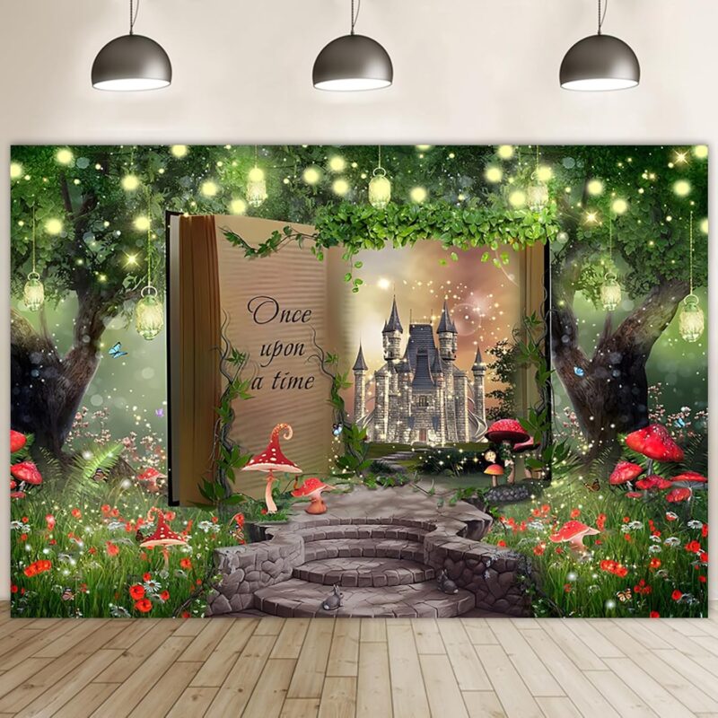 Renaiss 10x8ft Fairy Tale Books Backdrop Fantasy Mushroom Enchanted Forest Magic Book Photography Background Once Upon A Time Wonderland Wedding Birthday Baby Shower Party Decor Photo Booth Props