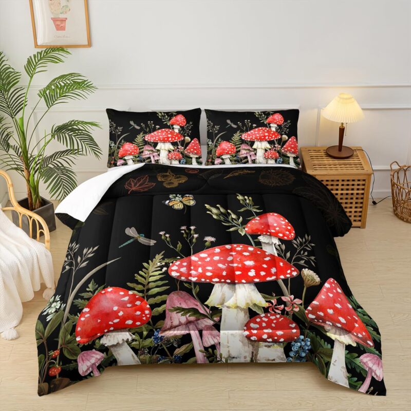 Cute Mushrooms Comforter Set Queen Size for Boys Girls,Wild Fungus Red Mushrooms Print Bedding Set,Black Gothic Bedding Set,Botanical Plant Leaf Butterfly Quilt Set