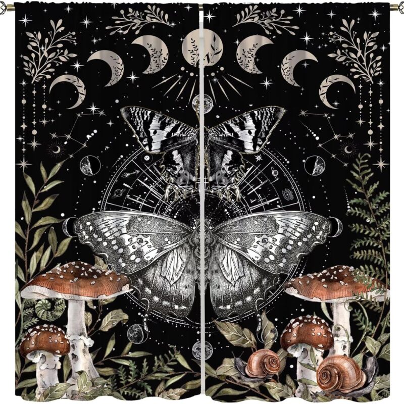 Butterfly Moon Phase Blackout Curtains for Bedroom, Moth Mystic Witchy Astrology Starry Night Magic Plant Mushroom Gothic Aesthetic Print Decor Window Treatments, Drapes for Teen Room Home, 63x63in