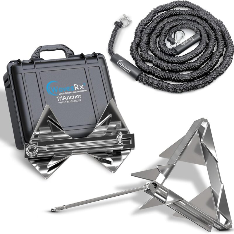 TriAnchor - Stainless Steel Folding PWC & Boat Anchor Kit | Sets Instantly for Effortless Boat & Jet Ski Anchoring | Compact Patent-Pending Design Grips Better Than Plow, Fluke or Box Anchor