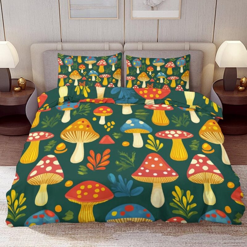 Delerain Comforter Cover Set Full Size, Bright Mushrooms 3-Piece Bedding Set for Boys Girls Teens Modern Soft Microfiber Bedroom Set Room Decor, 1 Duvet Cover + 2 Pillowcases