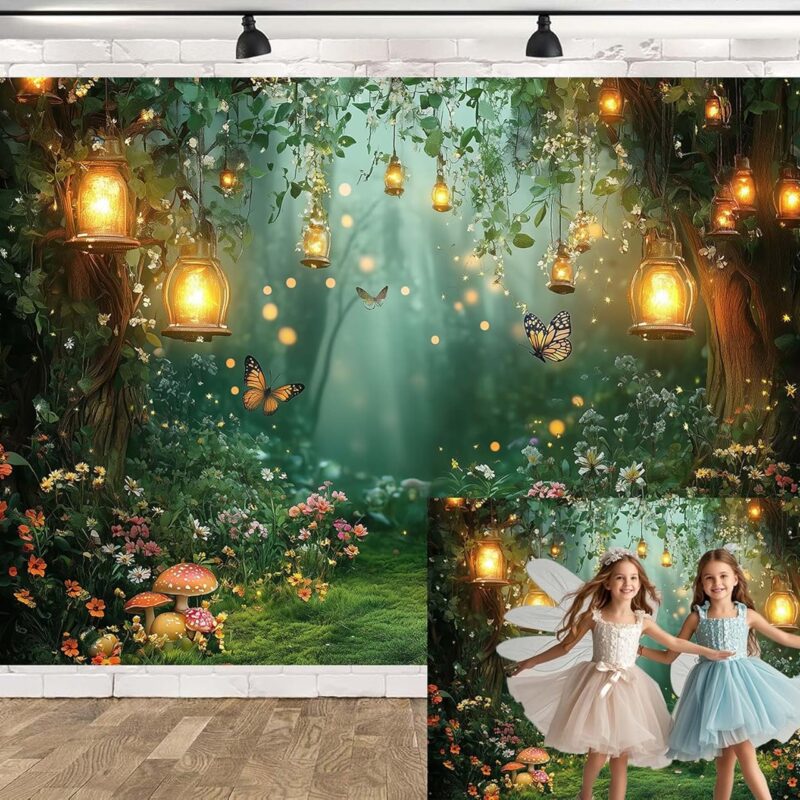 Spring Enchanted Forest Backdrop, Fairy Tale Wonderland Garden Backdrops for Photoshoot, Mushroom Butterfly Woodland Fairy Tea Party Decorations Photo Booth Studio Props Backdrops 15X10FT