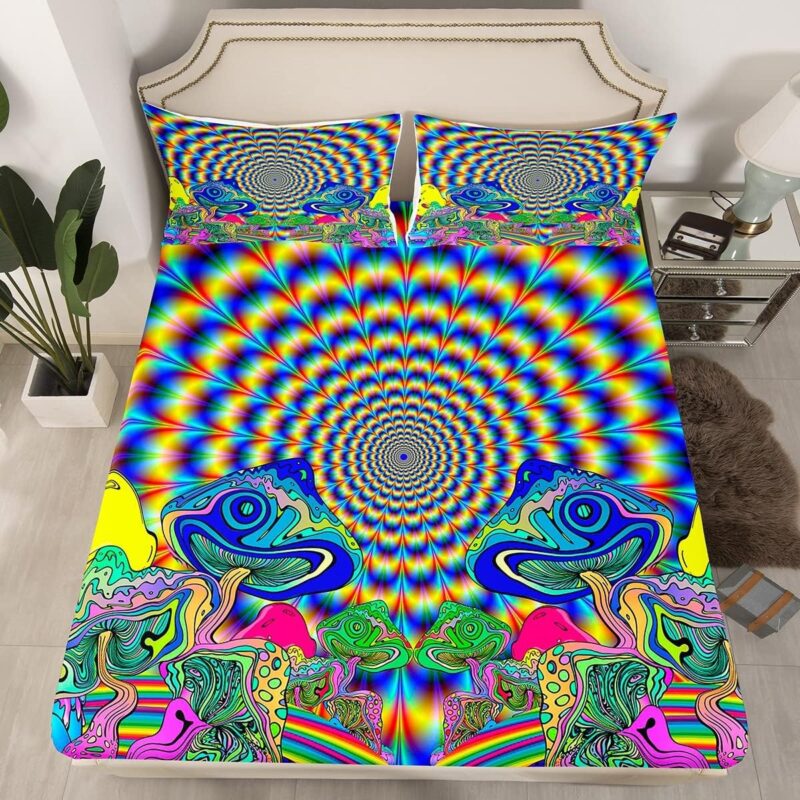 Psychedelic Fitted Sheet - Yellow Blue Trippy Bedding Sets for Men Adult, Glowing Exotic Mushroom Cool Indie Goth Neon Bed Sheets, Scary Trippy Room Decor Queen Bedding Set