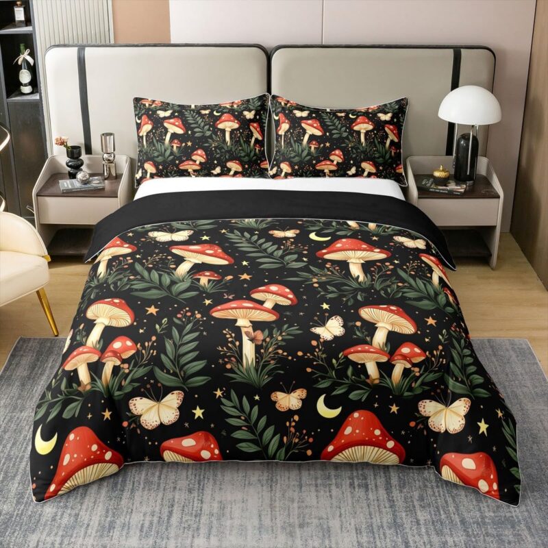 jejeloiu Mushrooms Cotton Duvet Cover Set 2Pcs Twin Size Kids Boho Bohemian Bedding Set for Boys Girls Butterfly Duvet Cover Soft Lightweight,Cotton,No Stuffing