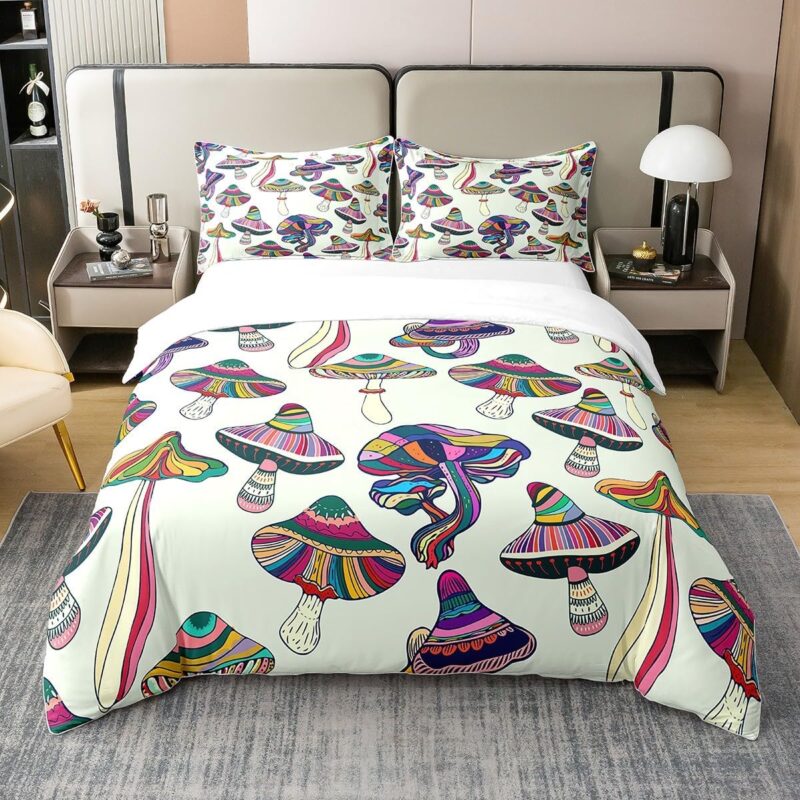Erosebridal Colourful Mushroom 100% Organic Cotton Duvet Cover for Adult,Trippy Swirls Comforter Cover Queen,Cartoon Rainbow Stripe Bedding Set,Natural Wild Fungus Quilt Cover 3pcs