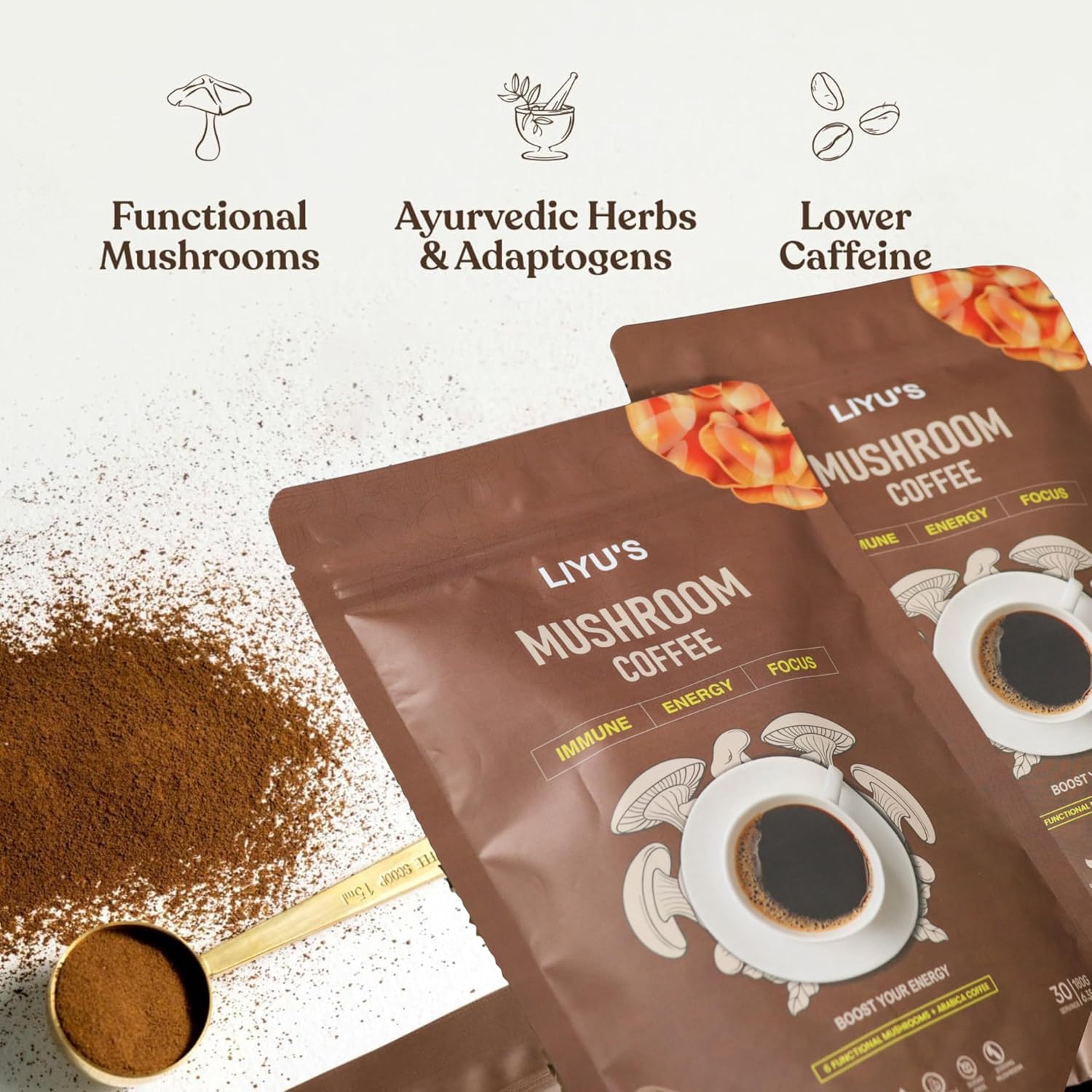 81FvQdTV5HL._SL1500_.jpg Organic Instant Mushroom Coffee With Organic Arabica & 6 Adaptogenic Mushrooms (Lions Mane, Turkey Tail, Cordyceps & Others To Enhance Digestion, Energy, Focus, Immune Support (30 Servings-180g) - Image 8