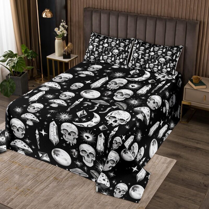 Sugar Skull Skeleton Bedspread Twin Size,Black White Stars Sun Moon Galaxy Bedding Set for Kids Girl Boys Teens Room Decor,Diamond Mushroom Comforter Set Boho Gothic Exotic Quilt Coverlet 2Pcs