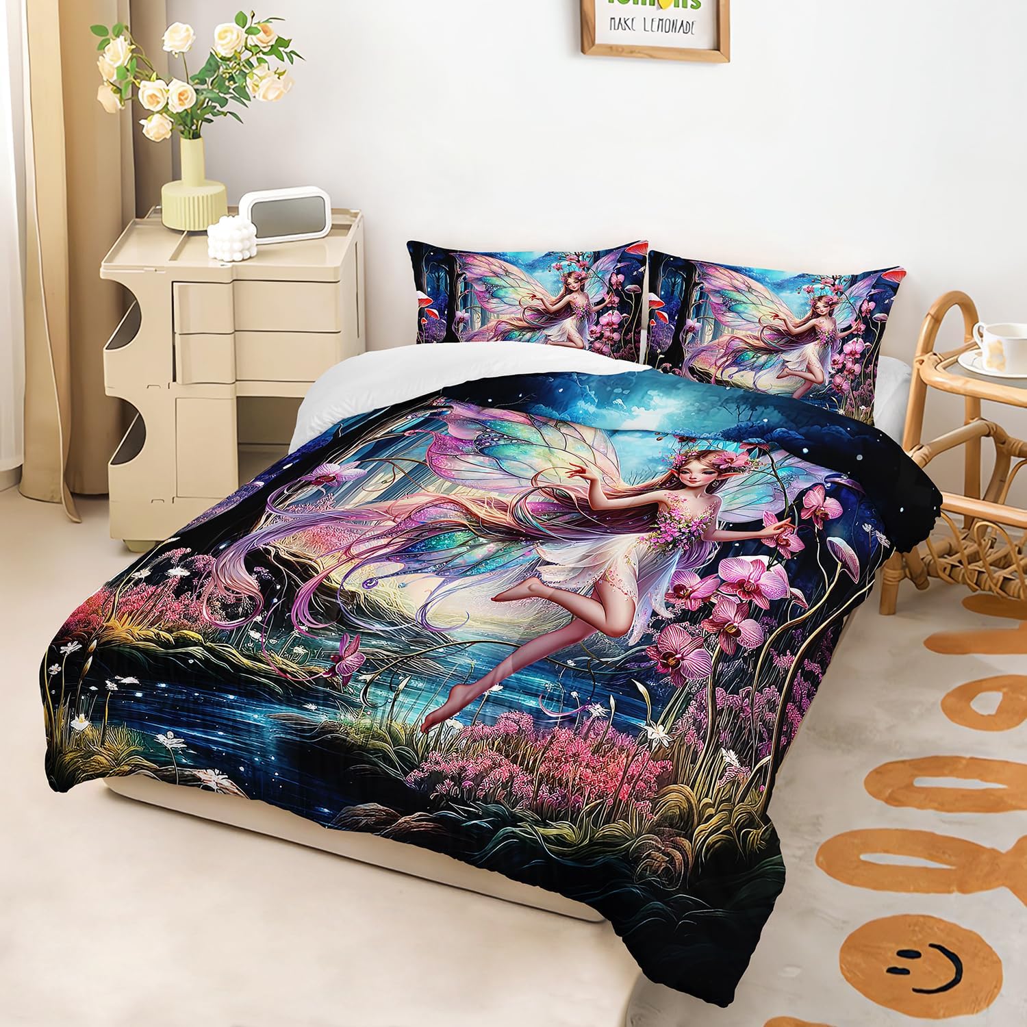 81GPnGLsxwL._AC_SL1500_.jpg AILONEN Beautiful Butterfly Fairy Comforter Set,Magic Mushroom Duvet Set Full Size, Mysterious Fairy Forest Theme Bedding Set Perfect for Kids Girls Bedroom,1 Quilt + 2 Pillow Case - Image 2