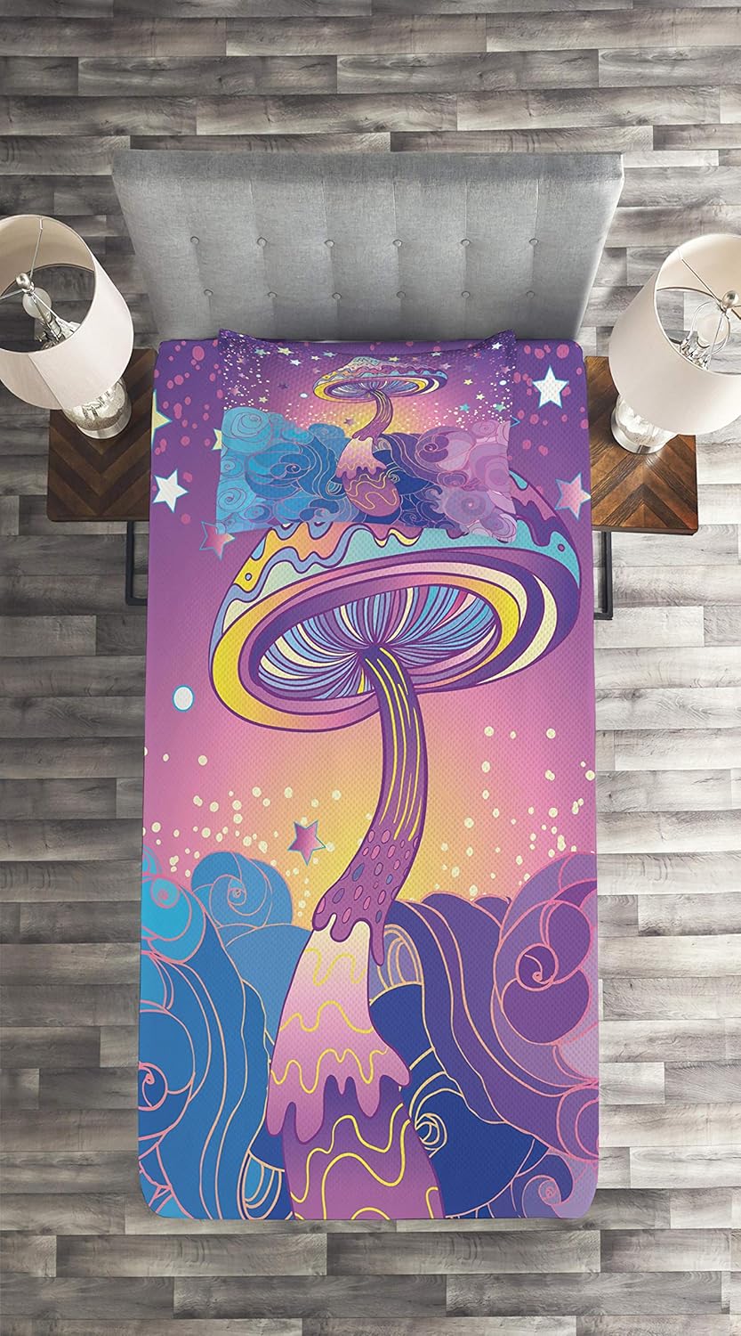 81Gb6Hz2bL._AC_SL1500_.jpg Lunarable Mushroom Coverlet, Magic Mushrooms Psychedelic Hallucination Vibrant 60's Style Hippie, 2 Piece Decorative Quilted Bedspread Set with 1 Pillow Sham, Twin Size, Purple Pale Blue Yellow - Image 3