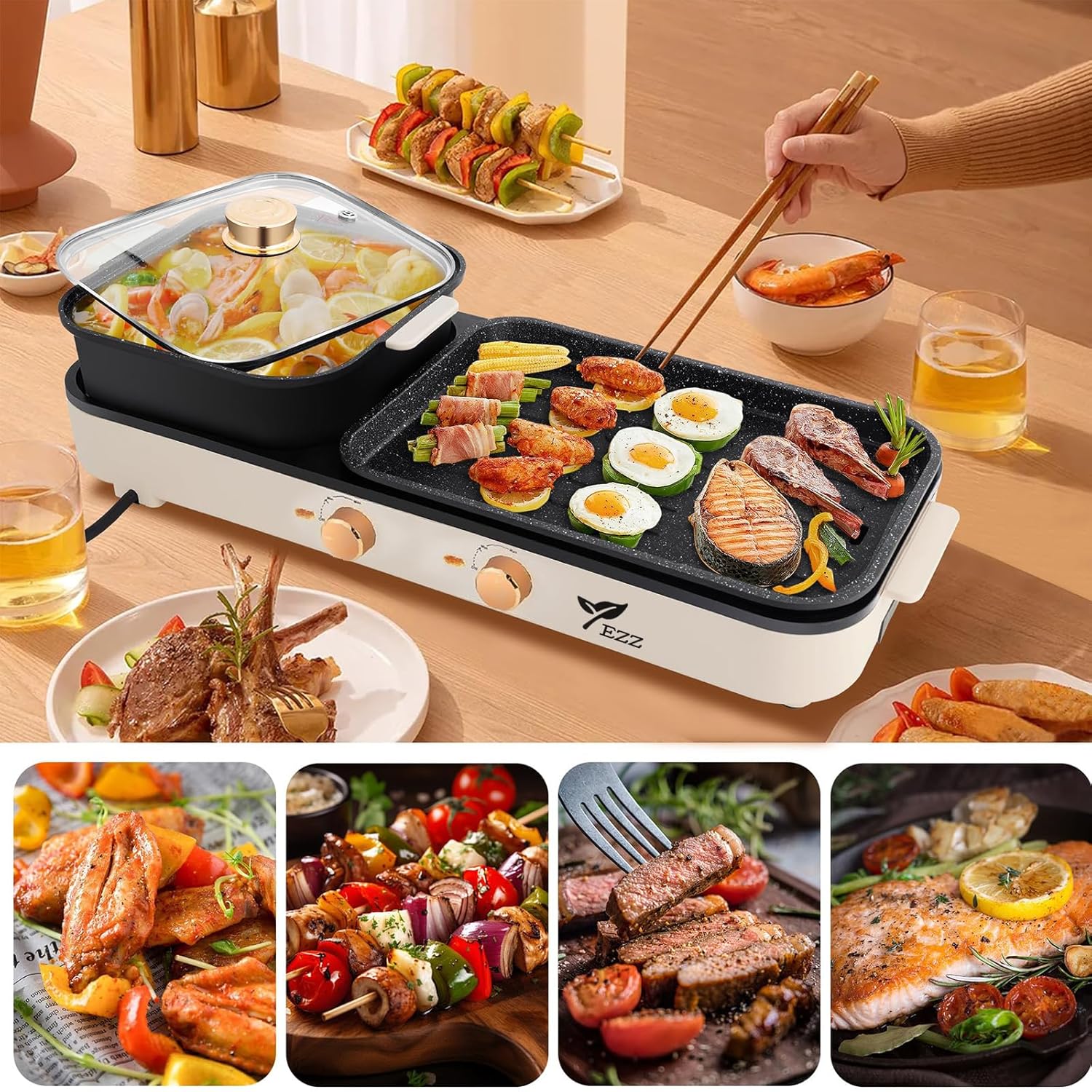 81H9DRdMLNL._AC_SL1500_.jpg Electric Hot Pot with Grill,2-10 People Indoor Hot Pot 2 in 1 Multi-function Smokeless Shabu-Shabu Hotpot Korean BBQ Grill for Simmer,Separate Dual Temperature Contral (BEIGE pot) - Image 5