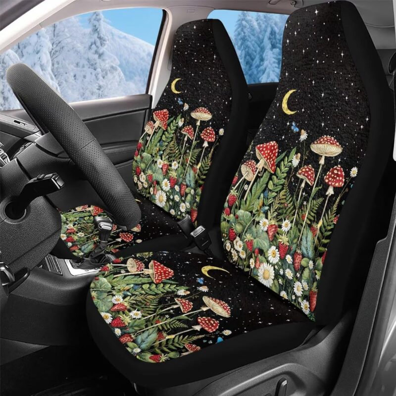 Pensura High Back Front Car Seat Covers Flurry 2-Pack Bucket Seat Covers Universal Fit for Cars Trucks and SUVs, Soft Plush Coral Velvet Fabric(Aesthetic Abstract Butterfly Mushroom)
