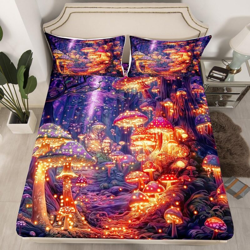 Glitter Mushroom Bed Sheets Fantasy Wild Mushroom Printed Fitted Sheet Queen Kids Nature Plant Botanical 3 Purple Dreamy Room Decor