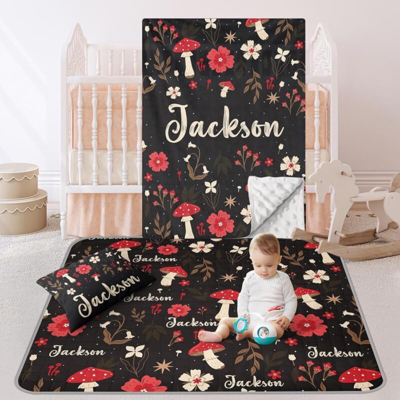 GRESATEK Personalized Baby Crib Bedding Set- Cotton 3 Piece Including Floor Mat, Double Layer Blanket, Pillow Cover- Nursery Crib Comforter Set- Birthday Gift for Toddler Baby Girl Boy Black Mushroom