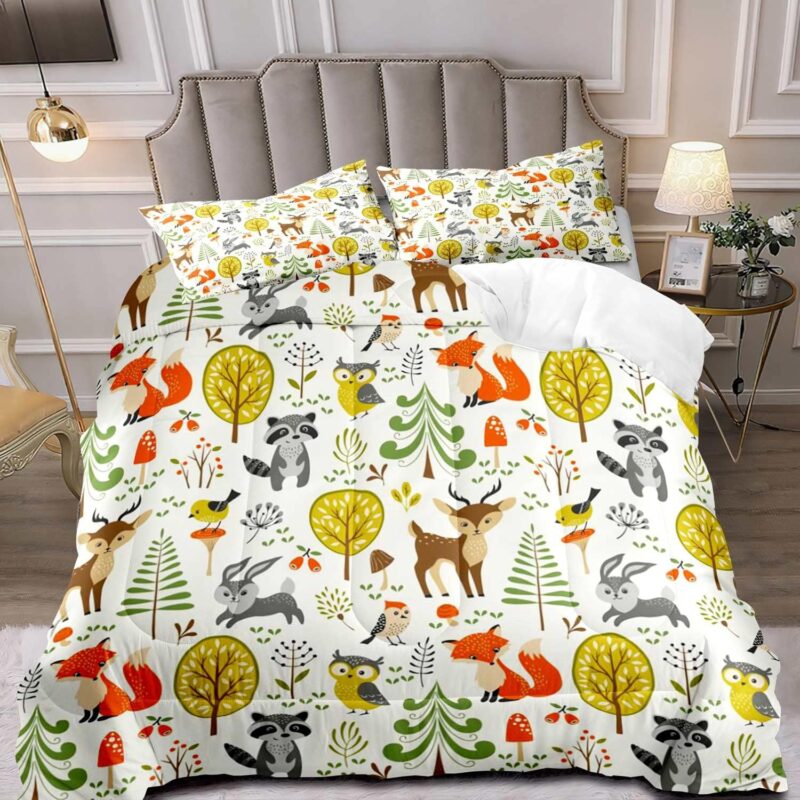 LUVIVIHOME 3PCS Forest Woodland Animals Comforter Set, White Full Size Comforter Set for Boys Girls Toddler, Cartoon Cute Fox Deer Raccoon Owl Rabbit Bird Mushroom Kids Bedding Quilt, 2 Pillow Shams