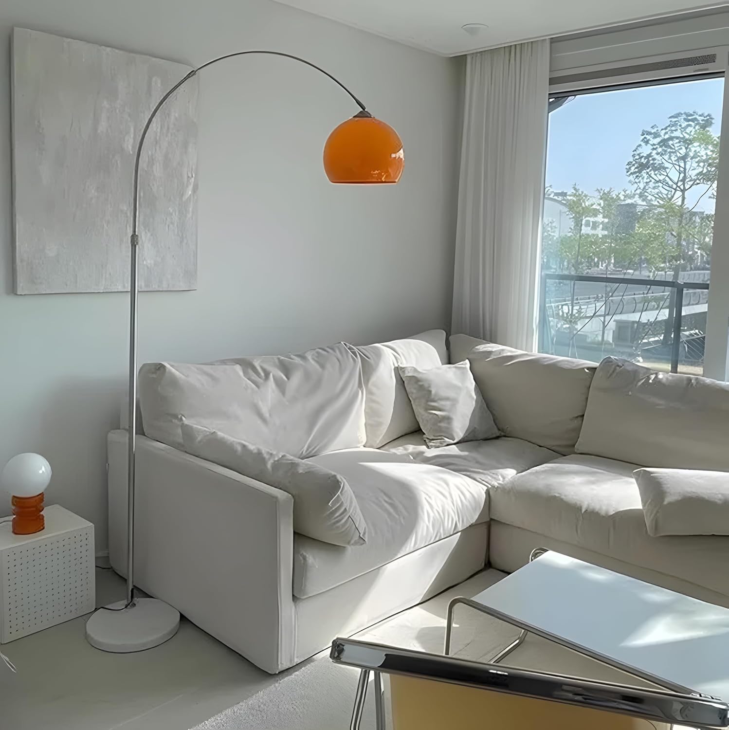 81Hqw92QPsL._AC_SL1500_.jpg Nordic Simple Floor Lamp with Orange Acrylic Shade, Arc Reading Lamp for Living Room, Study Room&Bedroom Beside,Creative Orange Standing Lamps for Ambient Lighting - Image 5