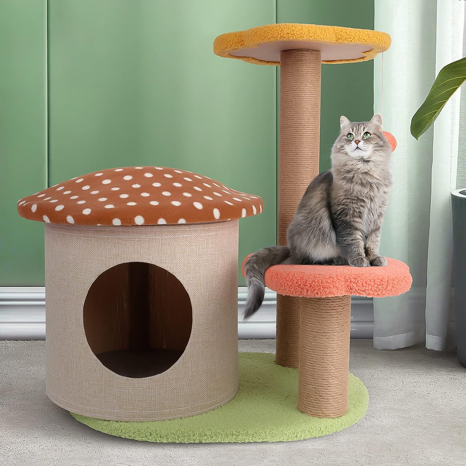 81IOzxN40NL._AC_SL1500_.jpg Cat Tree Cat Tower with Camel Mushroom House & Sisal Scratching Post Cat Climbing Activity Flower Tower for Cats Kittens Pets 3 Layers 23.6" H - Image 9