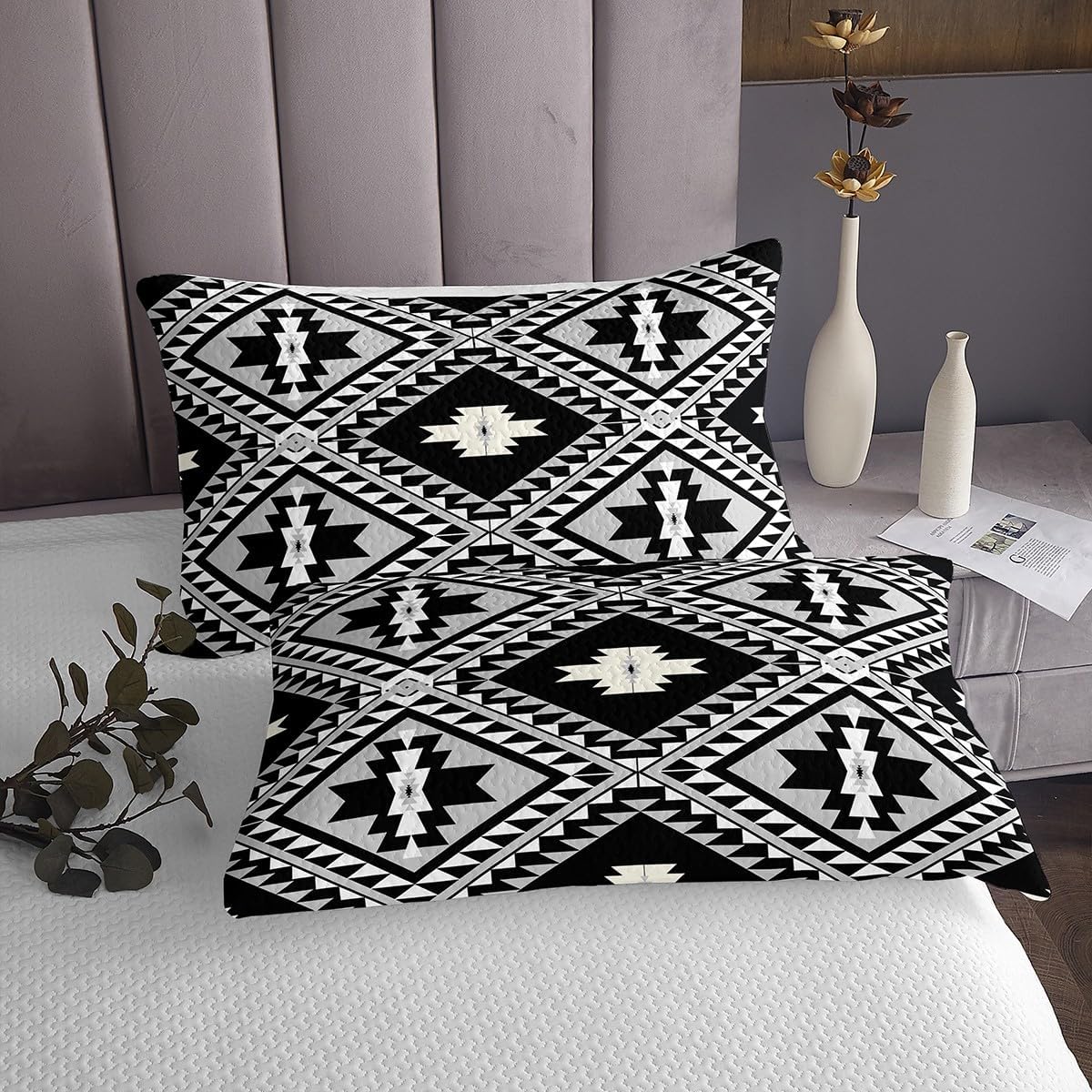 81IY6SudtCL._AC_SL1200_.jpg Erosebridal Rustic Western King Bedspread Set for Men,Southwestern Aztec Quilt Set Kids Boys Bohemian Coverlet Set Ethnic Boho Geometric Diamond Bedding Set Black White Grey Farmhouse Decor - Image 4