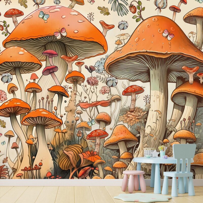 SIGNFORD Wall Mural Vintage Mushroom Botanical Cottagecore Mushroom Removable Wallpaper Wall Sticker for Bedroom Living Room - 120"x192"