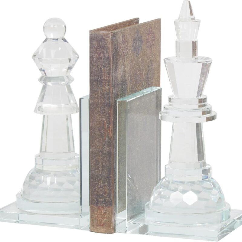 Deco 79 Crystal Chess Decorative Bookends Oversized Non Skid Bookends with Cut Crystal Designs, Set of 2 Office Bookends4 W, 10" H, Clear
