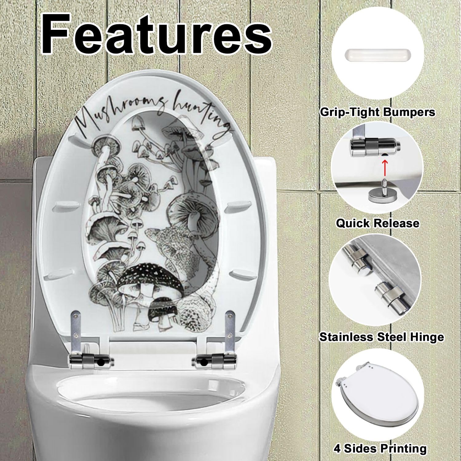 81IqXcx5SFL._AC_SL1500_.jpg Elongated Toilet Seat Composition Different mushrooms Mushrooms hunting lettering quote Quiet Close Strong Stainless Steel Hinges Resin Toilet Seat Easy to Install Easy to Clean - Image 4