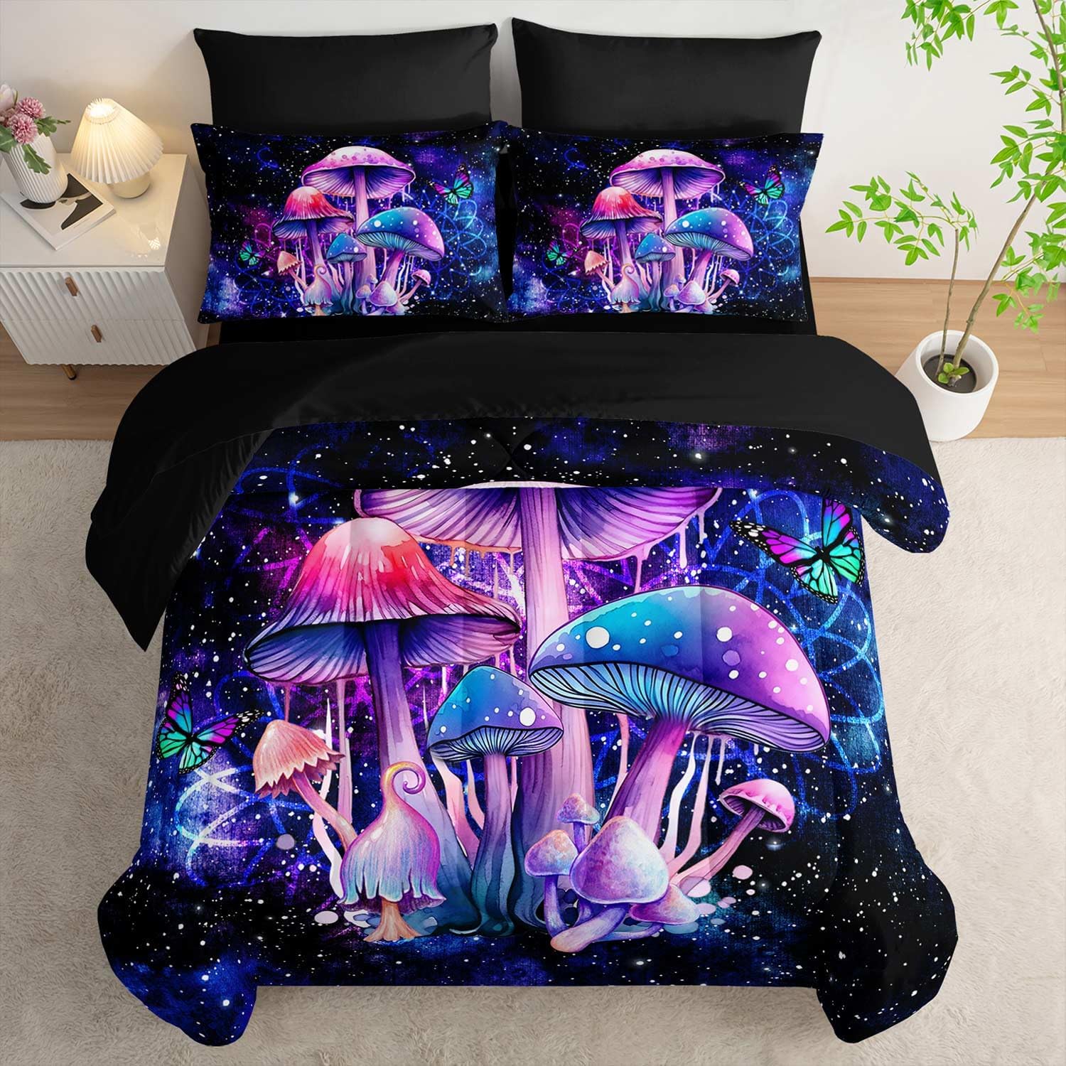 81J7qMxX4mL._AC_SL1500_.jpg Fantasy Mushrooms Comforter Set Full,Galaxy Fantasy 7 Pieces Bedding Set for Teens Kids,Light Mushroom Bedding Set 7 Piece in A Bag,Mushroom Bed Comforters Bedding Sets for All Season - Image 4