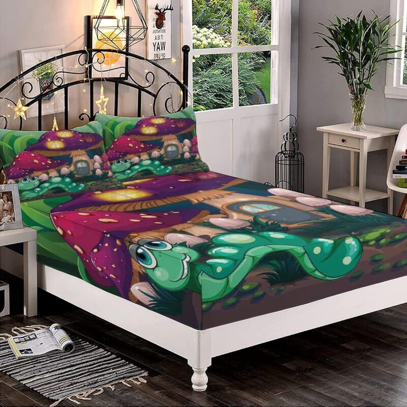 Decorative Bedding Sheet Set Queen Size, Mushroom Deep Pockets Fitted Sheet & 2 Pillow Sham Set, Long Worm Near the Mushroom Houses Print Microfiber 3pc Bed Sheets Set, for Mattress (Deep: 5"-15")