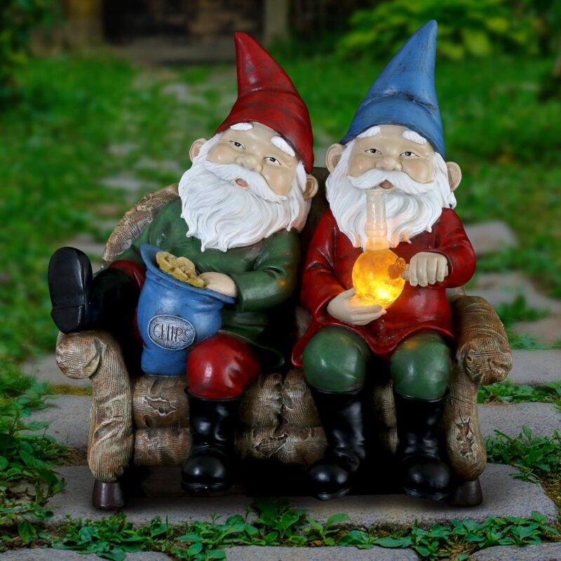 Exhart Light-Up LED Gnome Buddies Statue w/Chips & Weed, Battery Timer, Durable Funny Décor,7"x10.5"