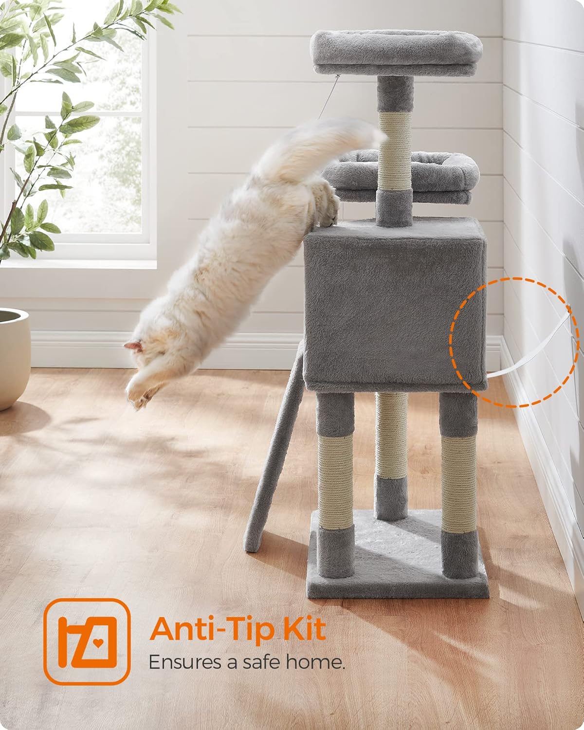 81LsWtmOhcL._AC_SL1500_.jpg Feandrea Cat Tower, Cat Tree for Indoor Cats, 45.3-Inch Cat Condo with Scratching Post, Ramp, Perch, Spacious Cat Cave, for Kittens, Elderly Cats, Adult Cats, Small Space, Light Gray UPCT141W01 - Image 8