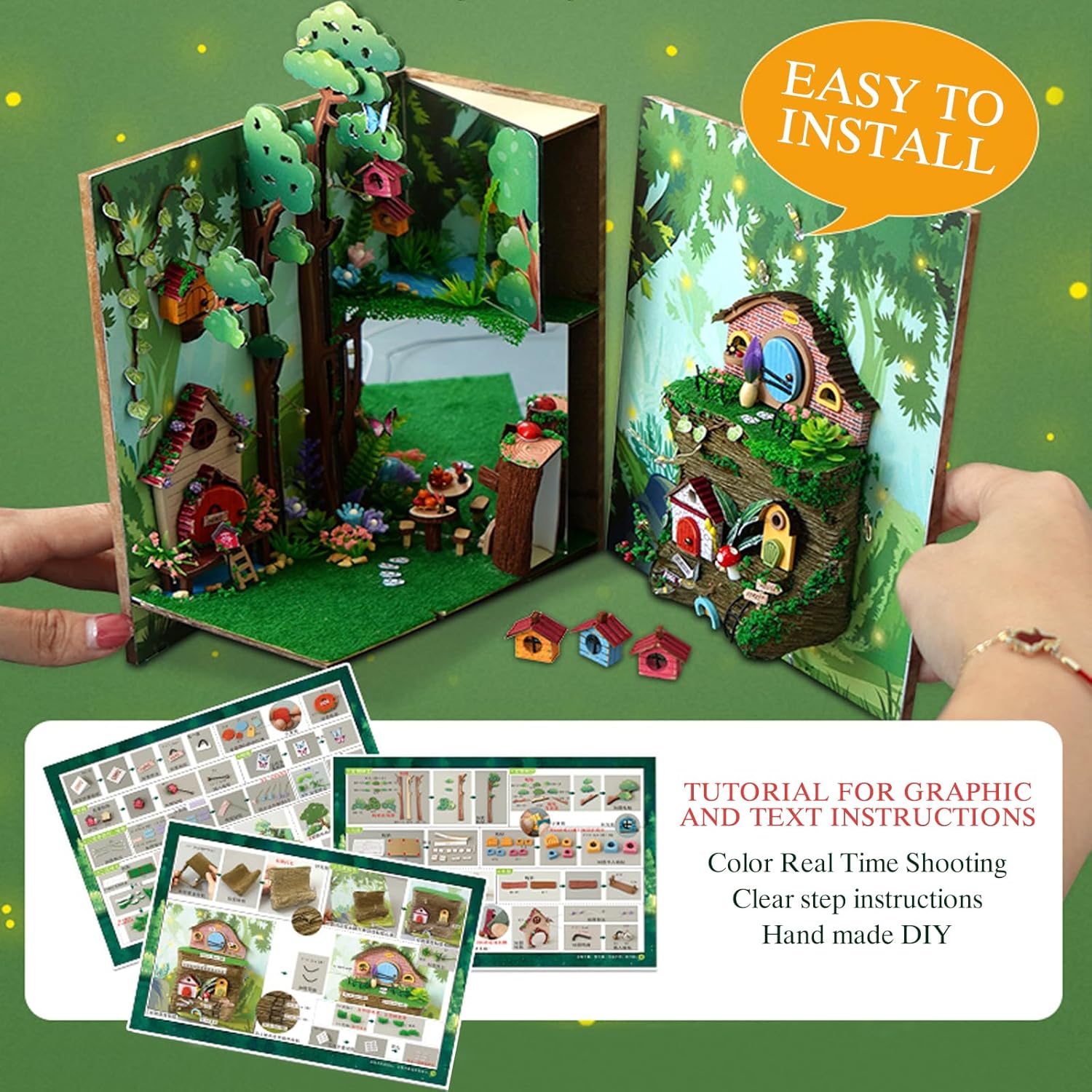 81NCw6AfYL._AC_SL1500_.jpg 3D Wooden Book Stand Puzzle, DIY Dollhouse Wood Bookends Book Nook Model Building Kit with LED Light for Teens and Adults to Build-Creativity Gift for Christmas(Firefly Forest) - Image 2
