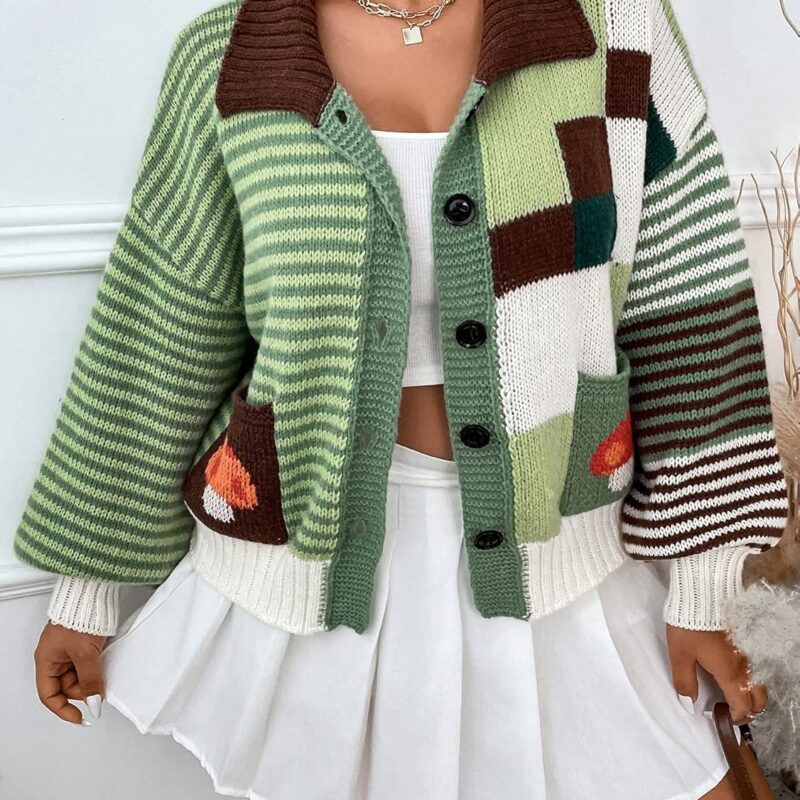 Plus Size Cardigan for Women Plus Striped & Mushroom Pattern Drop Shoulder Pocket Patched Cardigan Cardigan for Women (Color : Green, Size : XX-Large)