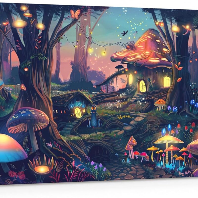 Mushroom Canvas Wall Art Dream Theme Poster Prints for Living Room Bedroom Decor, Cute Cartoon Mushroom Print Pictures Artwork for Boys Girls Kids Kawaii Butterfly Wall Decor,38L x 19W