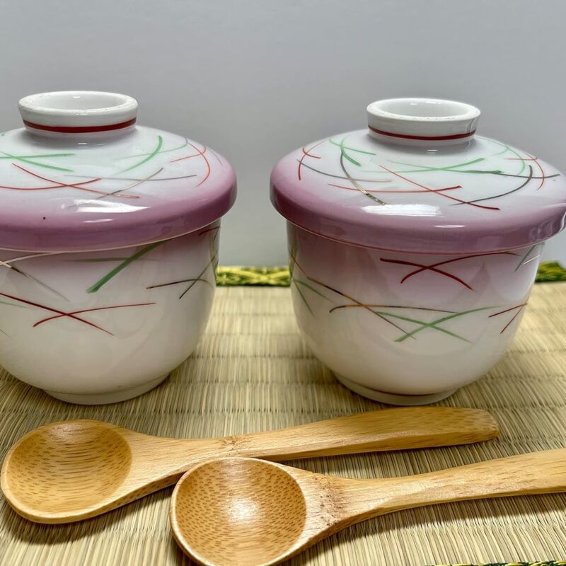 Japanese Mino Ware Ceramic Chawan-mushi Cups with Lid and Spoon, Lines Pattern, Set of 2,TG16809