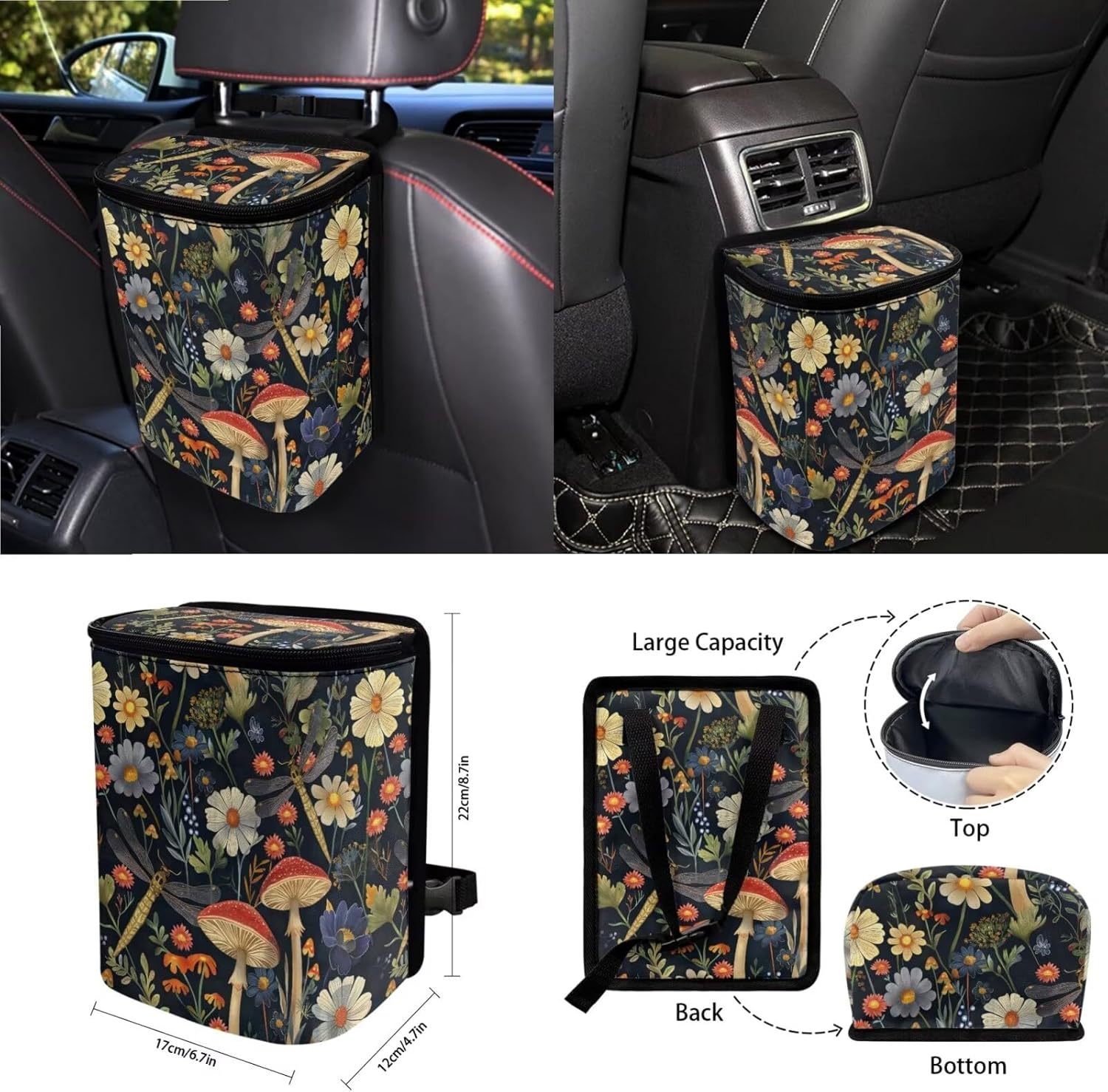 81QLAM1gOVL._AC_SL1500_.jpg Dragonfly Mushroom Daisy 15Pcs Car Seat Cover Sets Car Steering Wheel Cover Seat Belt Cover Trash Bin Air Vent Storage Box Front Rear View Mirror Car Cup Holder Keychain - Image 4