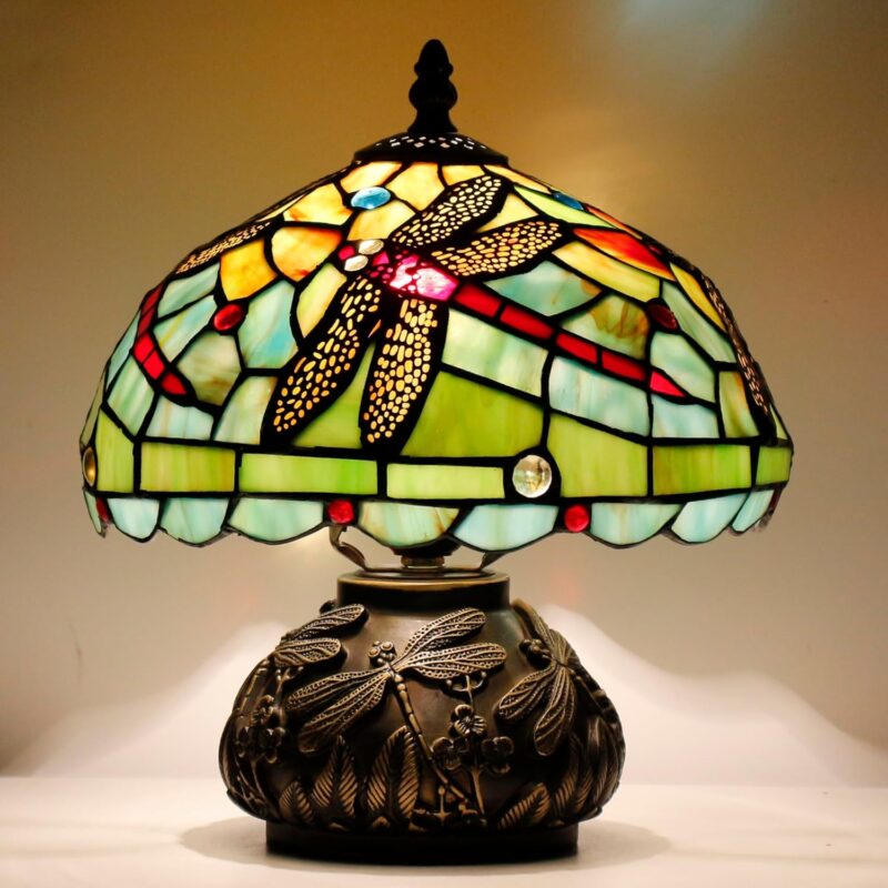 Small Tiffany Table Lamp Green Red Dragonfly Style Stained Glass Desk Lamp 10X11.5 Inch Mushroom Table Light for Office Home Living Room Bedroom