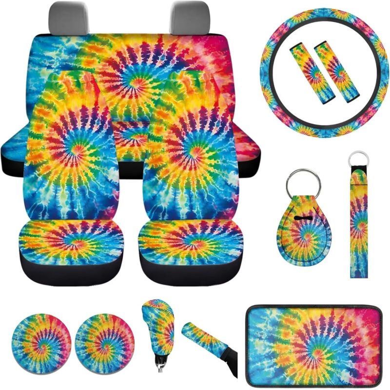 Tie Dye Car Seat Covers Full Set for Women Hippie Car Seat Interior Accessories 14 Pcs Tie Dye Car Accessories with Gear Shift Cover,Car Handbrake Cover,Cup Mat,Steering Wheel Cover,Keychains