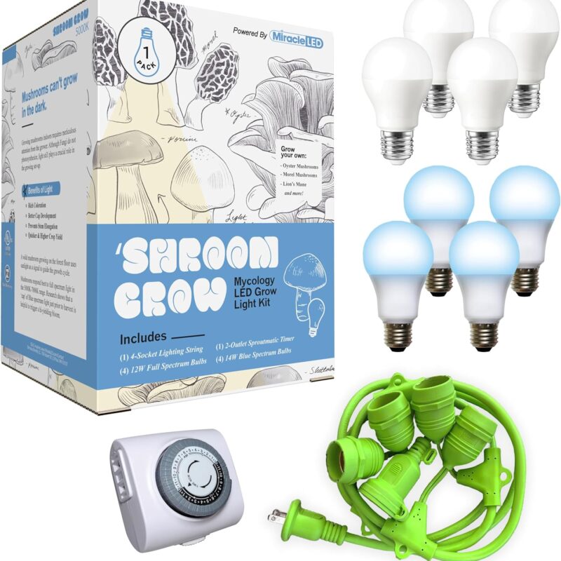 Miracle LED Shroom Indoor Grow Light Kit for Oyster, Shiitake Mushrooms - 4 Ultra Grow Full & 4 Absolute Daylight Plus Blue Spectrum Replace 150W LED Grow Bulbs & 1 4-Socket Corded Fixture with Timer