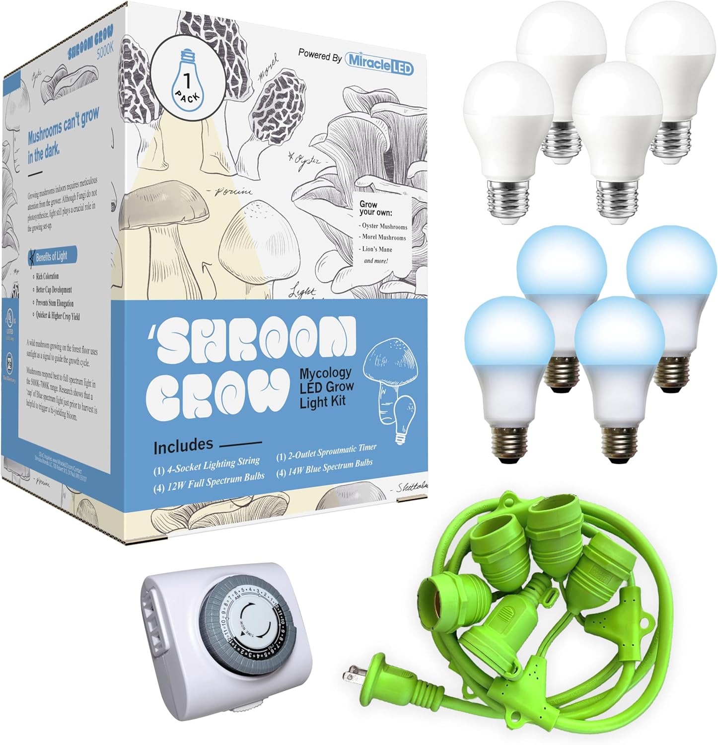 81R3K6L5T9L._AC_SL1500_.jpg Miracle LED Shroom Indoor Grow Light Kit for Oyster, Shiitake Mushrooms - 4 Ultra Grow Full & 4 Absolute Daylight Plus Blue Spectrum Replace 150W LED Grow Bulbs & 1 4-Socket Corded Fixture with Timer