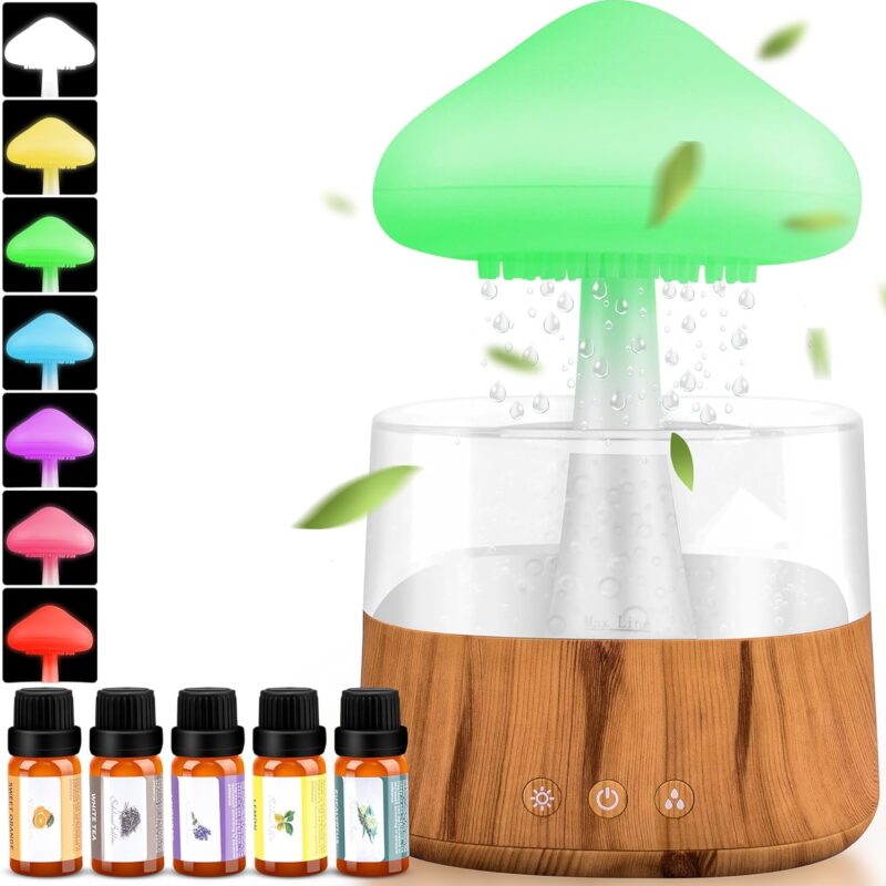 Rain Cloud Humidifier Water Drip, Mushroom Diffuser with 5 Essential Oils, Raining Night Light 7 Changing Colors, Desk Bedside Lights for Sleeping Relaxing Mood