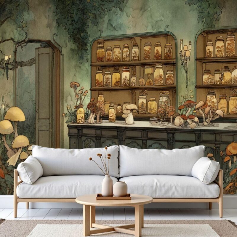 3D Wallpaper Vintage Cottagecore Apothecary Decor Forest Mushroom Jars Removable Waterproof Large Wall Mural Wall Background Decorative Decals Modern Decor Print Design(Not Self-Adhesive)